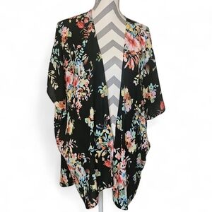Floral Kimono Cardigan Open Front Black Boho Chiffon Coverup